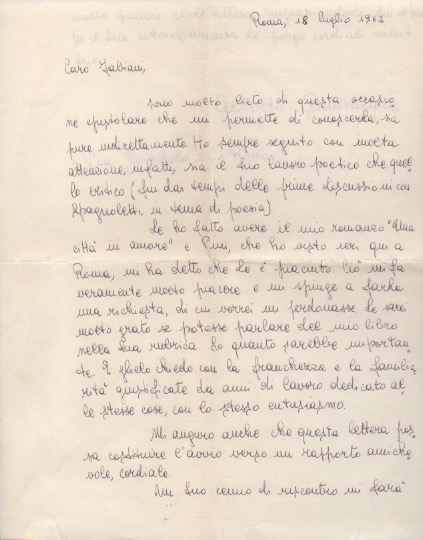 lettera autografa firmata inviata al poeta e giornalista enzo fabiani. datata 18 luglio 1962.