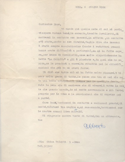 lettera dattiloscritta con firma autografa inviata al poeta e giornalista enzo fabiani. datata 6 giugno 1964.
