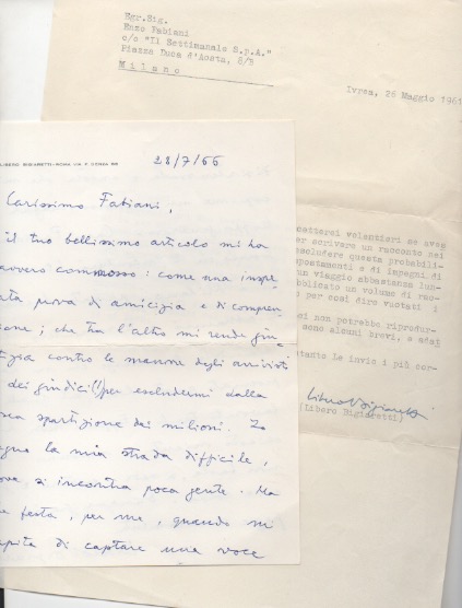 2 lettere, una autografa firmata e l altra dattiloscritta con firma autografa, inviate al  poeta e giornalista enzo fabiani. datate 1961 e 1966.