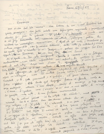 lettera autografa firmata inviata al poeta e giornalista enzo fabiani. datata 19 aprile 1962.