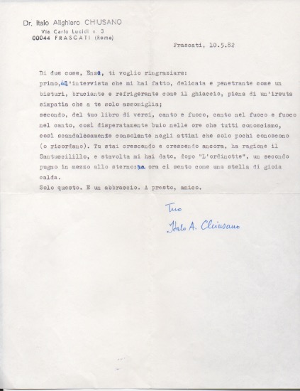 lettera dattiloscritta con firma autografa inviata al poeta e giornalista enzo fabiani. datata 10 maggio 1982.