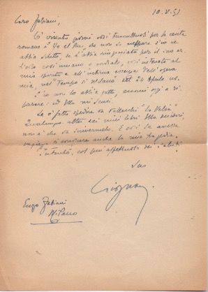 lettera autografa firmata inviata al  poeta e giornalista enzo fabiani. datata 10 maggio 1951