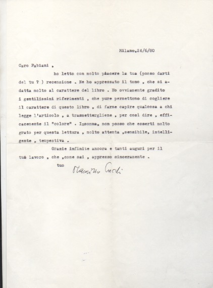 lettera dattiloscritta con firma autografa inviata al poeta e giornalista enzo fabiani. datata 24 giugno 1980