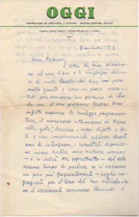lettera autografa firmata inviata al poeta e giornalista enzo fabiani. datata 3 novembre 1953
