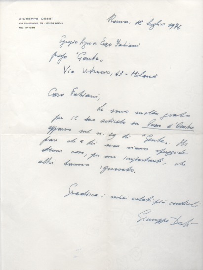 lettera autografa firmata inviata al poeta e giornalista enzo fabiani. datata 18 luglio 1972.