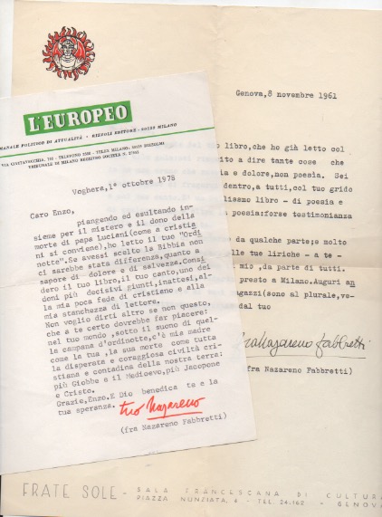 2 lettere dattiloscritte con firma autografa inviate al poeta e giornalista enzo fabiani. datate: 1961-1978.