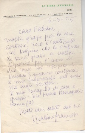 lettera autografa firmata inviata al poeta e giornalista enzo fabiani. datata 6 maggio 1955
