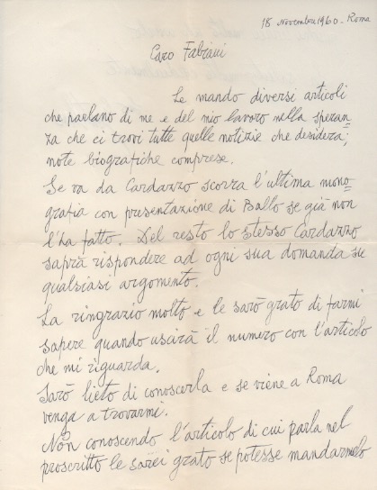 lettera autografa firmata inviata al poeta enzo fabiani. datata 18 novembre 1960, roma