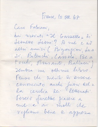 lettera autografa firmata inviata al poeta e giornalista enzo fabiani. datata 10 ottobre 1967