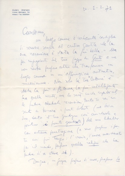 lettera autografa firmata inviata al poeta e giornalista enzo fabiani. datata 1 marzo 1972