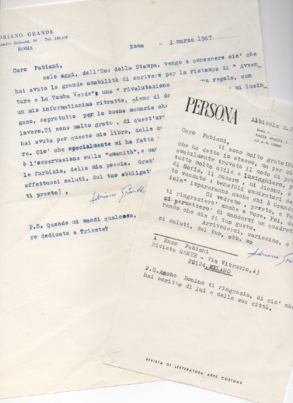 due lettere dattiloscritte con firma autografa inviate al poeta e giornalista enzo fabiani. datate 1967-1969.