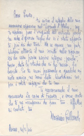 lettera autografa firmata inviata al  poeta e giornalista enzo fabiani. datata 14 febbraio 1966,