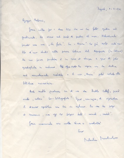 lettera autografa firmata inviata al poeta e giornalista enzo fabiani. datata 7 luglio 1971,