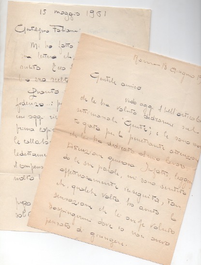 2 lettere autografe firmate inviate al  poeta e giornalista enzo fabiani. datate 15 maggio e 18 giugno 1961.