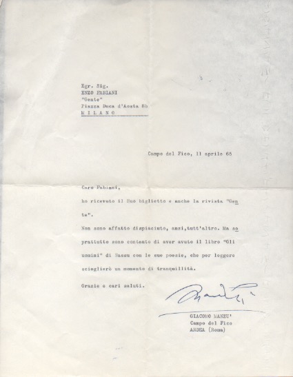 lettera dattiloscritta con firma autografa inviata al poeta e giornalista enzo fabiani. datata 11 aprile 1965