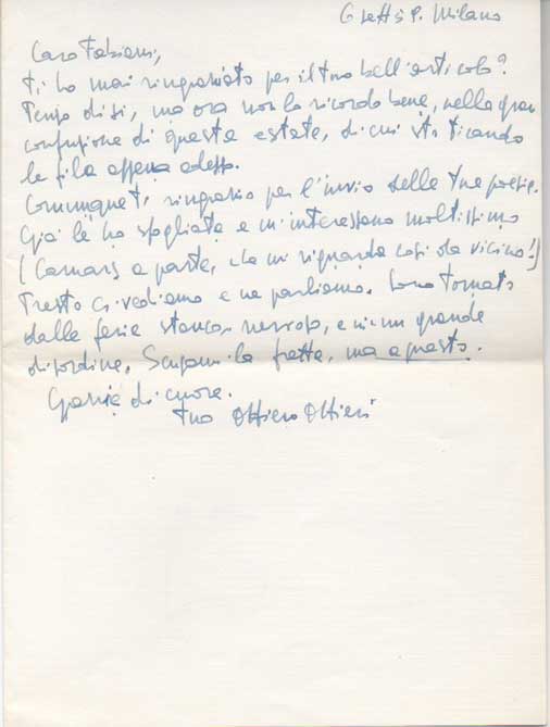 breve lettera autografa firmata inviata al poeta e giornalista enzo fabiani. datata 6 settembre 1959
