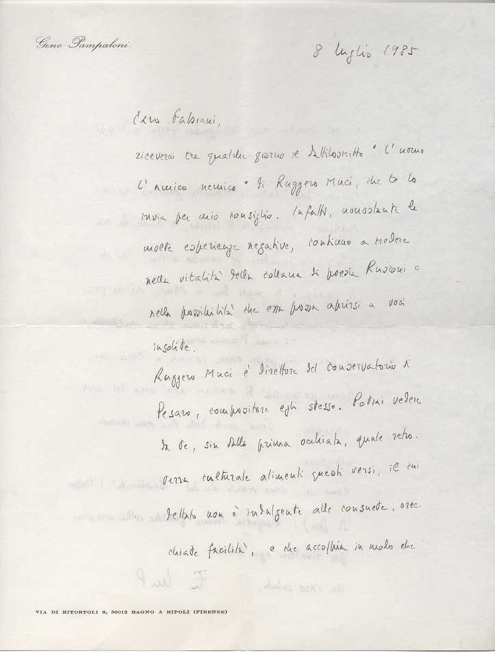 lettera autografa firmata inviata al  poeta e giornalista enzo fabiani. datata 8 luglio 1985
