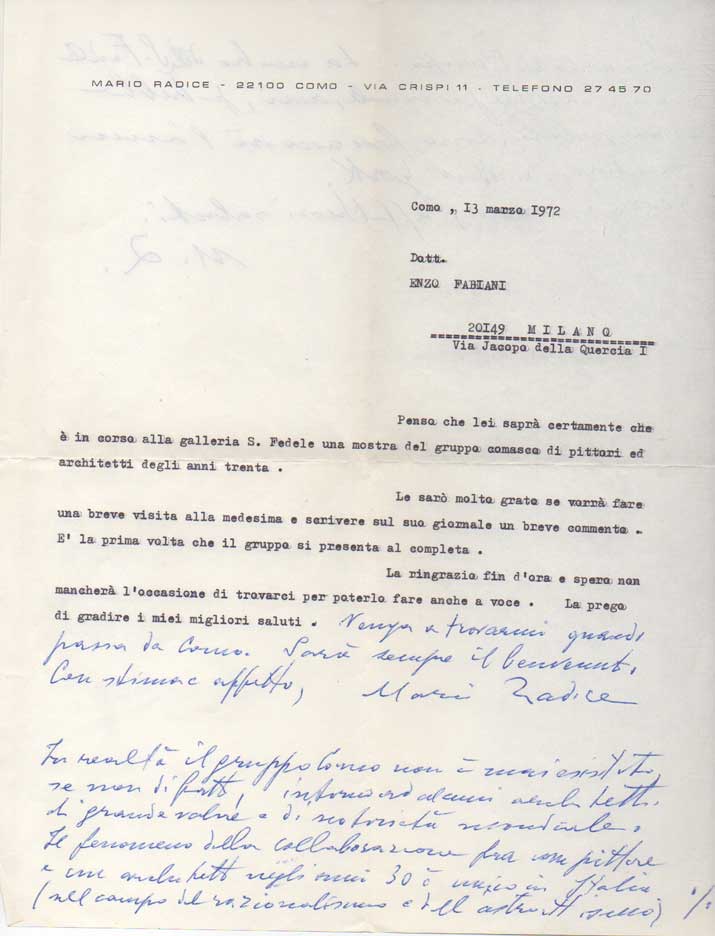 lettera dattiloscritta con una lunga annotazione e firma autografa inviata al poeta e giornalista enzo fabiani. datata 13 marzo 1972.