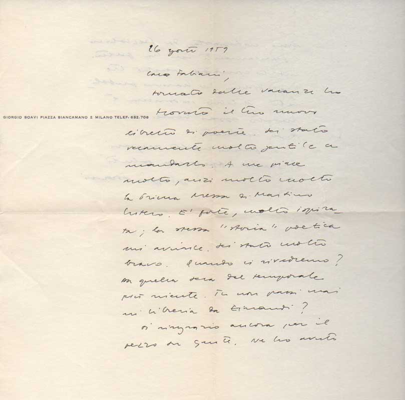 lettera autografa firmata inviata al  poeta e giornalista enzo fabiani. datata 26 agosto 1959.