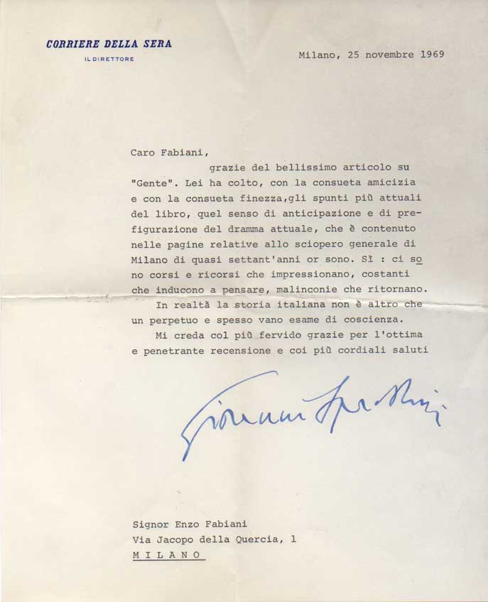 lettera dattiloscritta con firma autografa inviata al poeta e giornalista enzo fabiani. datata 25 novembre 1969.