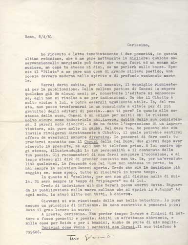 lettera dattiloscritta con firma autografa inviata a enzo fabiani. datata 8 aprile 1961.