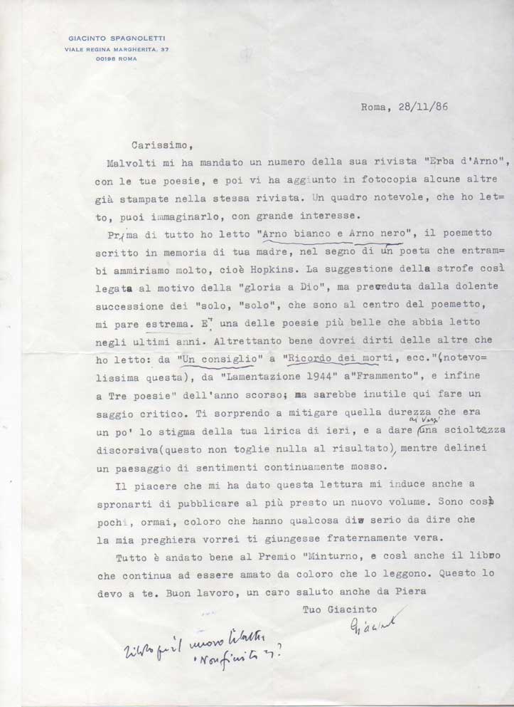 lettera dattiloscritta con firma autografa inviata al poeta e giornalista enzo fabiani. datata 28 novembre 1986.