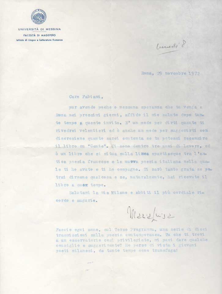 lettera dattiloscritta con firma autografa inviata al  poeta e giornalista enzo fabiani. datata 29 novembre 1972.