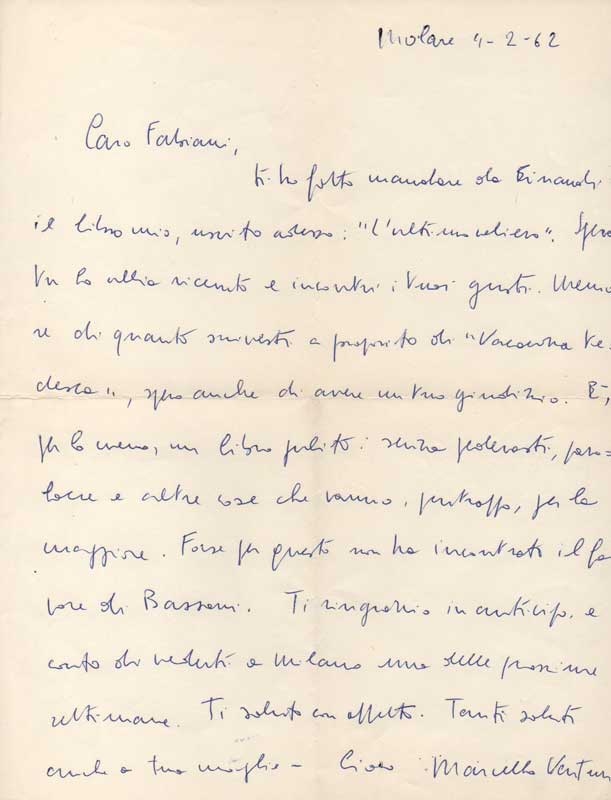 lettera autografa firmata inviata al  poeta e giornalista enzo fabiani. datata 4 febbraio 1962