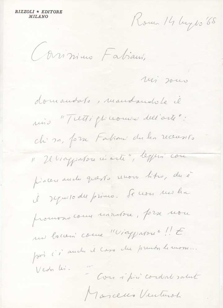 lettera autografa firmata inviata al poeta e giornalista enzo fabiani. datata 14 luglio 1968