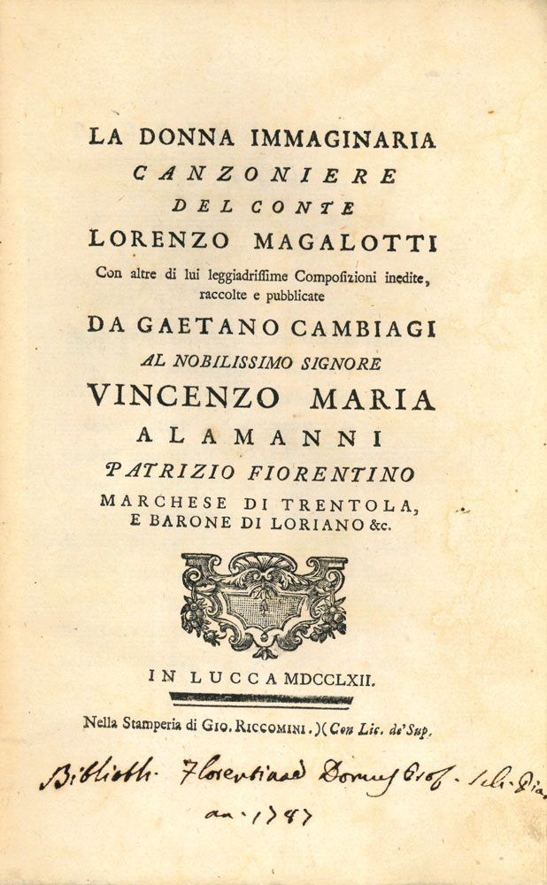 la donna immaginaria del conte lorenzo magalotti con altre di lui leggiadrissime composizioni inedite, raccolte e pubblicate da gaetano cambiagi