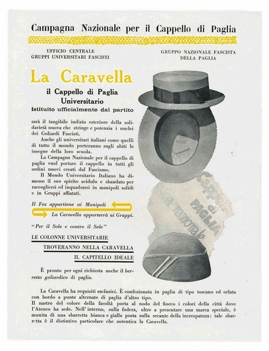 volantino originale: “campagna nazionale per il cappello di paglia … la caravella …”