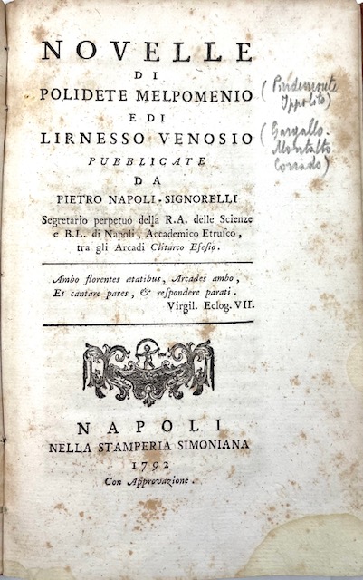 novelle [antonio foscarini e teresa contarini; engimo e lucilla] di polidete melpomenio [ippolito pindemonte] e di lirnesso venosio [tommaso gargallo] pubblicate da pietro napoli signorelli