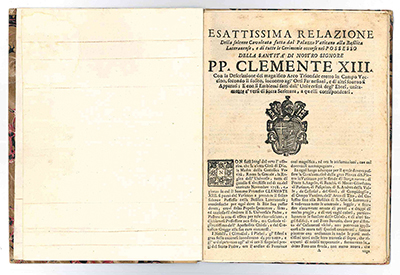 esattissima relazione della solenne cavalcata fatta dal palazzo vaticano alla basilica lateranense, e di tutte le cerimonie occorse nel possesso della santita di nostro signore pp. clemente 13. con la descrizione del