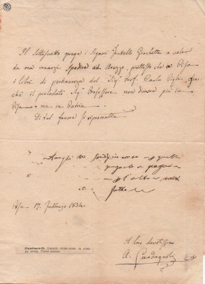 lettera autografa firmata inviata ai fratelli giachetti, prato.