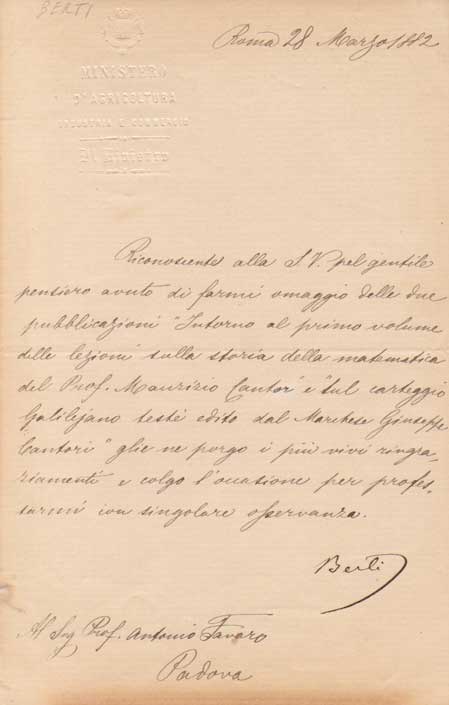 lettera manoscritta con firma autografa inviata al prof. antonio favaro, padova