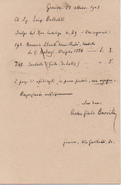 breve lettera autografa firmata su biglietto da visita inviata alla libreria antiquaria di luigi battistelli, milano