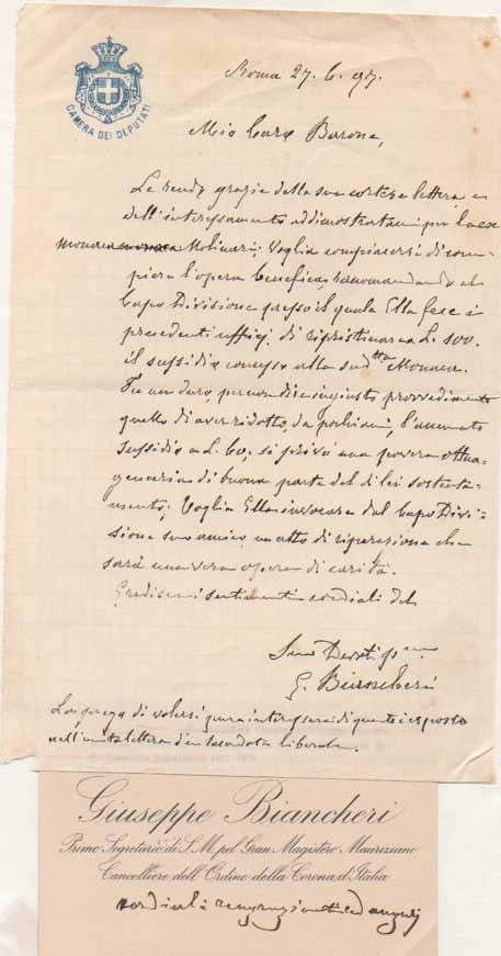 lettera autografa firmata inviata ad un barone insieme a biglietto da visita con annotazione autografa