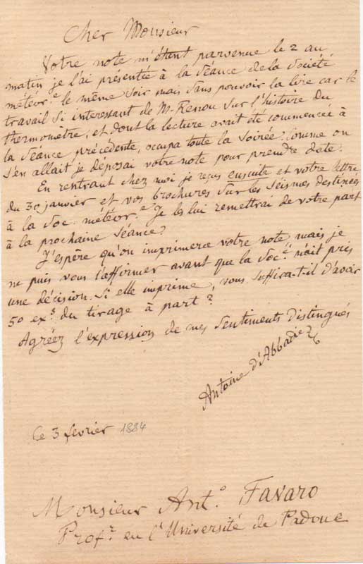 lettera autografa firmata inviata al sig. antonio favaro dell’università di padova.