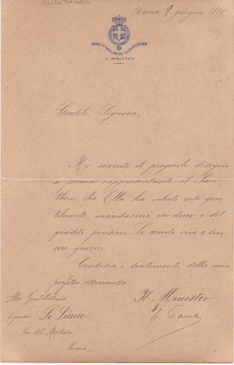 lettera manoscritta con firma autografa inviata alla sig.ra le lieure, roma