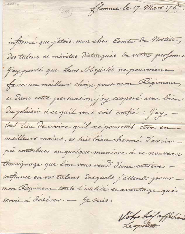 lettera manoscritta con annotazione e firma autografa inviata al conte di nostitz.