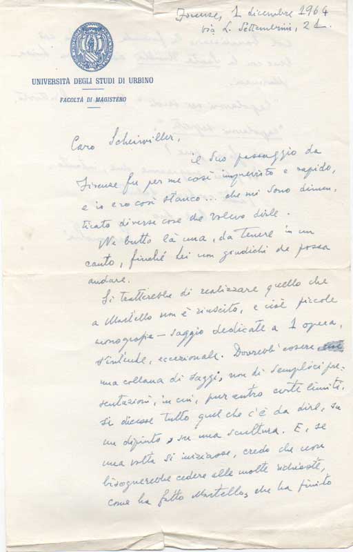 lettera autografa firmata inviata a vanni scheiwiller.