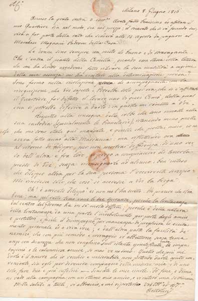 lettera autografa firmata inviata a giacomo emiliani, bologna