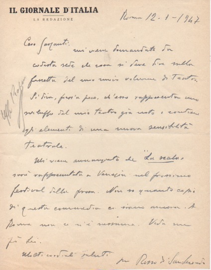 lettera autografa firmata inviata all’editore garzanti. datata 12 gennaio 1947.