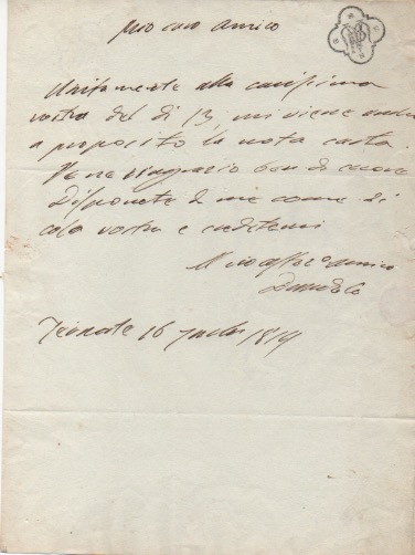 lettera autografa firmata inviata a cesare carcano. datata 16 settembre 1819.