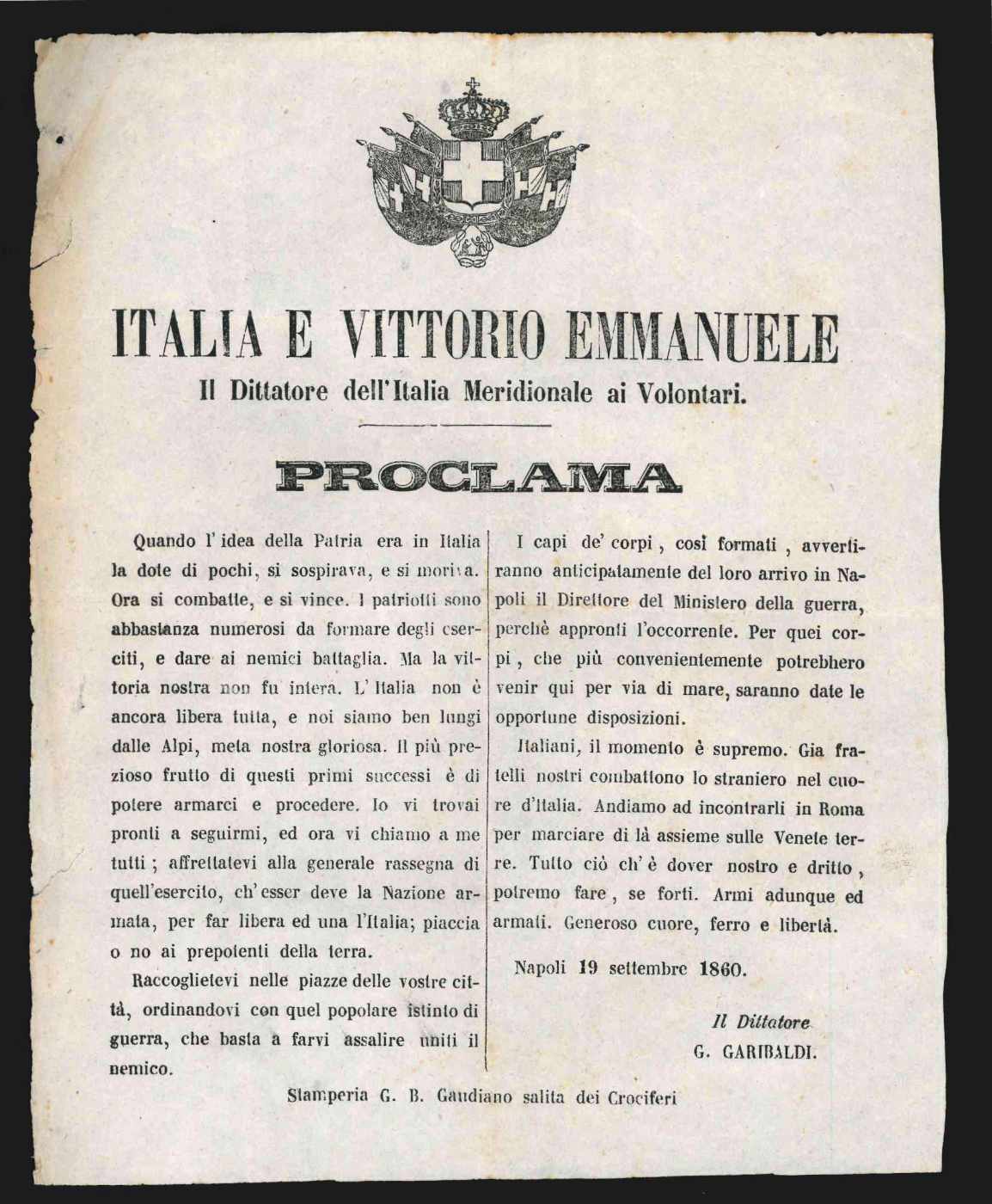 italia e vittorio emmanuele - il dittatore dell italia meridionale ai volontari - proclama