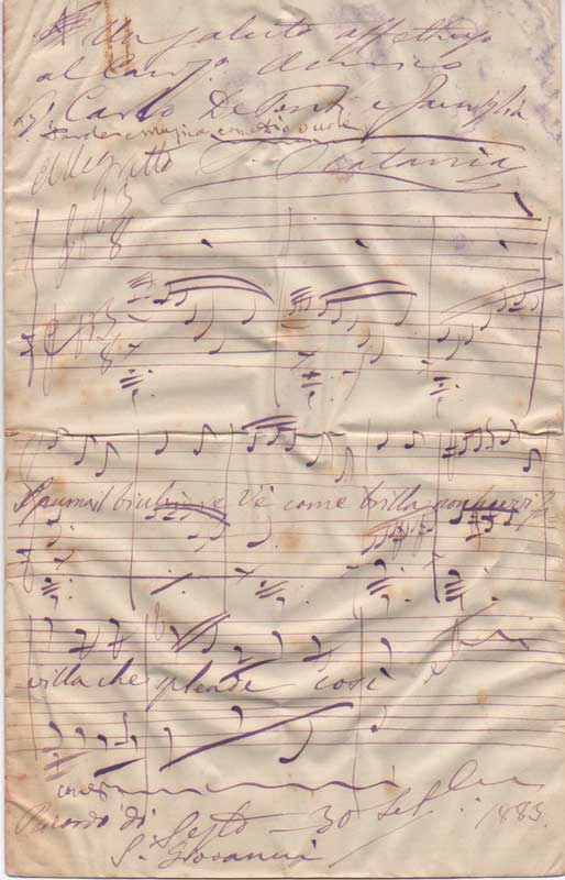 citazione musicale autografa firmata dedicata all’amico carlo de ponti. datata 30 settembre 1883, sesto s. giovanni.