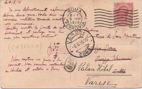 cartolina postale viaggiata, autografa, inviata alla contessa di san martino. datata 4 agosto 1916.