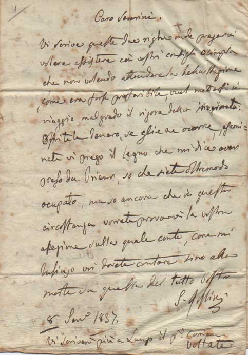 lettera autografa firmata inviata a carlo severini, “régisseur general du théâtre royal italien” di parigi. datata 8 gennaio 1837