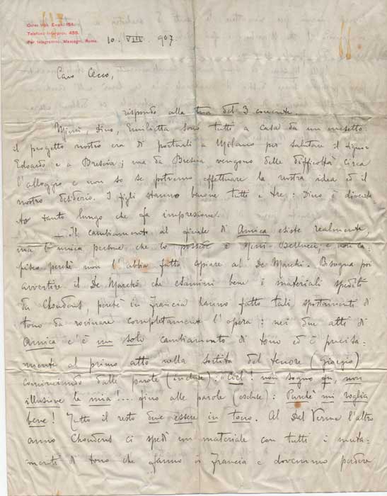 lettera autografa firmata inviata a “caro cecco”. datata 10 agosto 1907