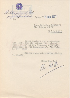 lettera dattiloscritta con firma autografa inviata alla casa editrice garzanti. datata 7 febbraio 1957